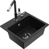 Mexen Milo Granitspüle 1-Becken mit Küchenarmatur Flora, schwarz - 6505-77-670401-07-B