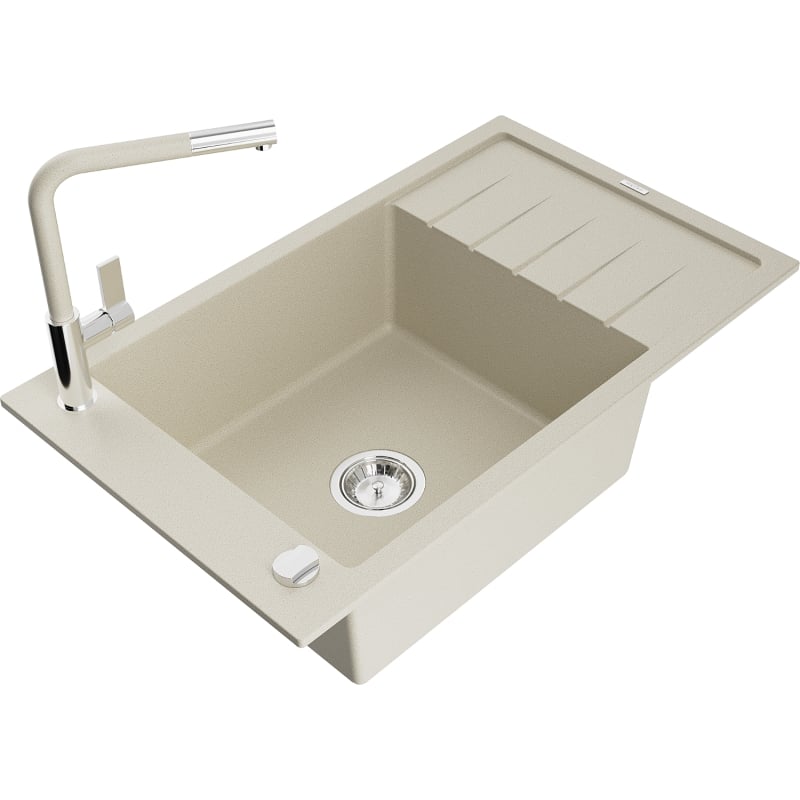 Mexen Elias Granitspüle 1-Becken mit Abtropffläche und Küchenarmatur Flora, beige - 6511-69-670401-09