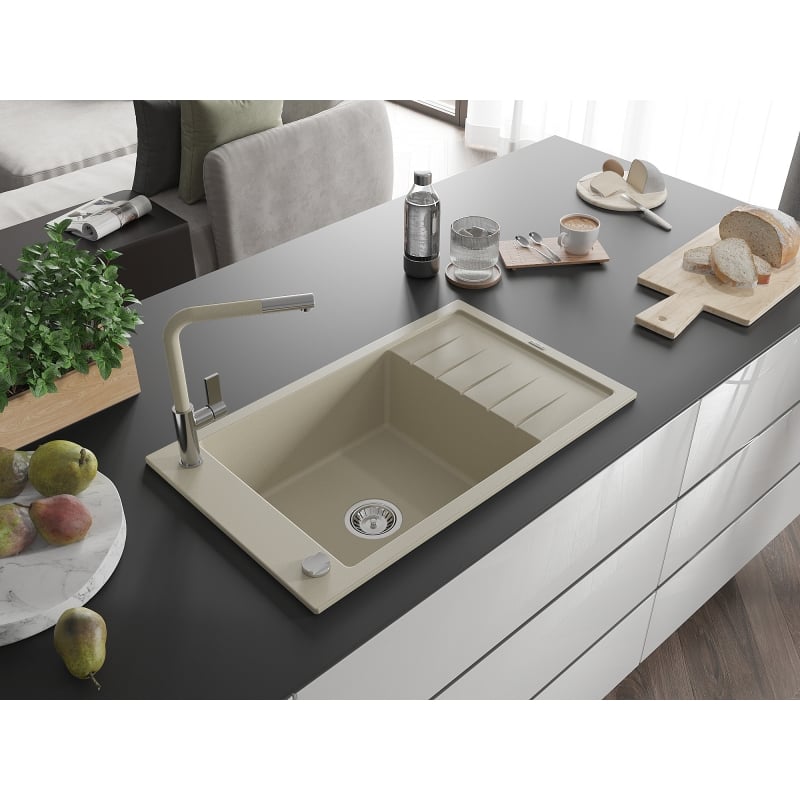 Mexen Elias Granitspüle 1-Becken mit Abtropffläche und Küchenarmatur Flora, beige - 6511-69-670401-09