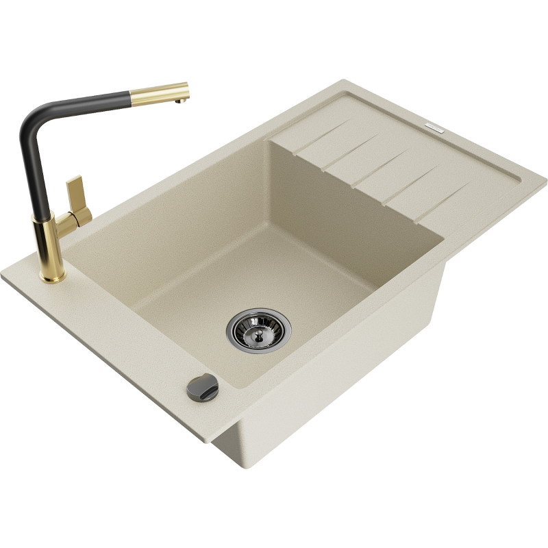 Mexen Elias Granitspüle 1-Kammer mit Abtropffläche und Küchenarmatur Flora, beige - 6511-69-670401-57-B