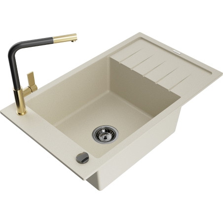 Mexen Elias Granitspüle 1-Becken mit Abtropffläche und Küchenarmatur Flora, beige - 6511-69-670401-57-B