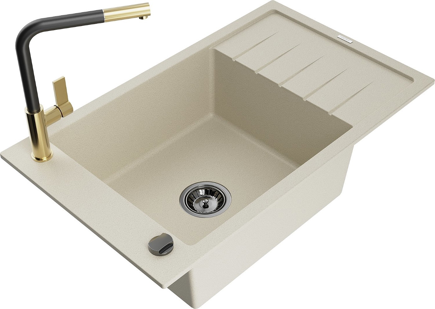 Mexen Elias 1 Becken-Granitspüle mit Abtropffläche und Mischbatterie Flora, Beige - 6511-69-670401-57-B