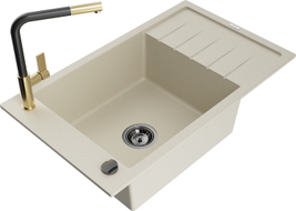 Mexen Elias Granitspüle 1-Becken mit Abtropffläche und Küchenarmatur Flora, beige - 6511-69-670401-57-B