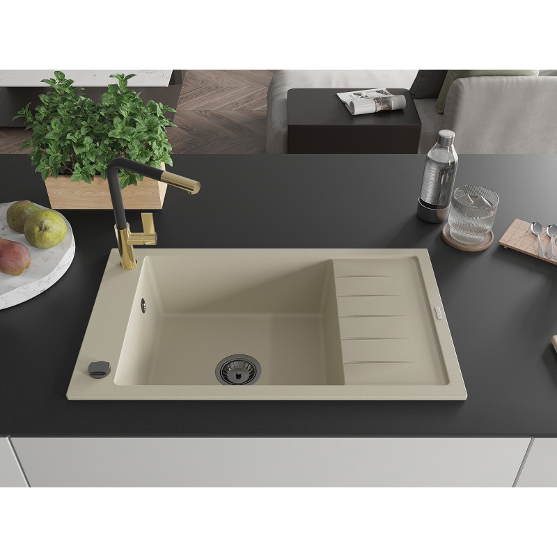 Mexen Elias Granitspüle 1-Becken mit Abtropffläche und Küchenarmatur Flora, beige - 6511-69-670401-57-B