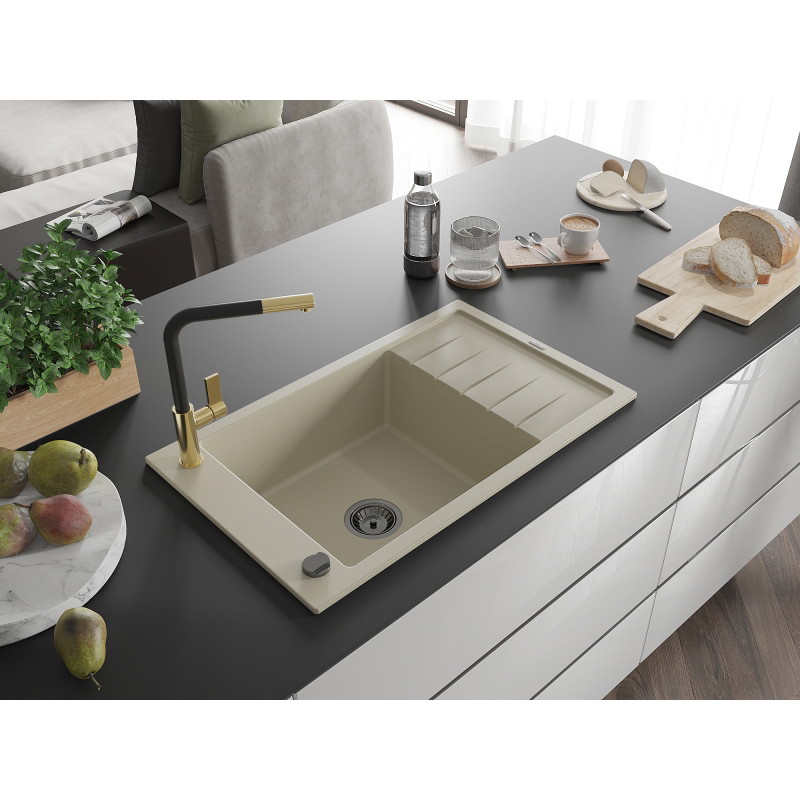 Mexen Elias Granitspüle 1-Becken mit Abtropffläche und Küchenarmatur Flora, beige - 6511-69-670401-57-B