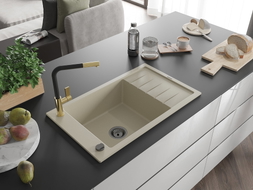 Mexen Elias Granitspüle 1-Becken mit Abtropffläche und Küchenarmatur Flora, beige - 6511-69-670401-57-B