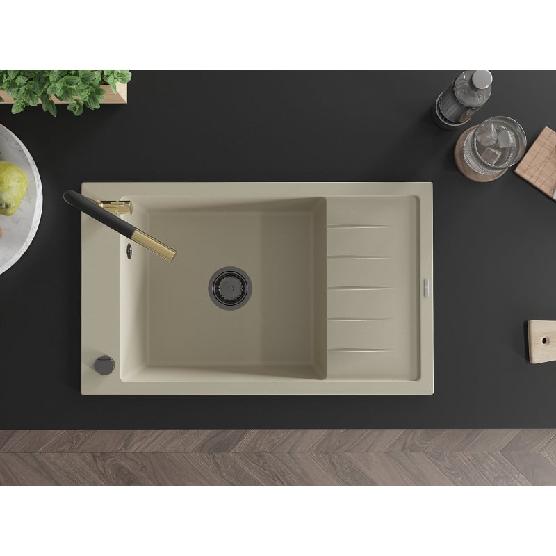 Mexen Elias Granitspüle 1-Becken mit Abtropffläche und Küchenarmatur Flora, beige - 6511-69-670401-57-B