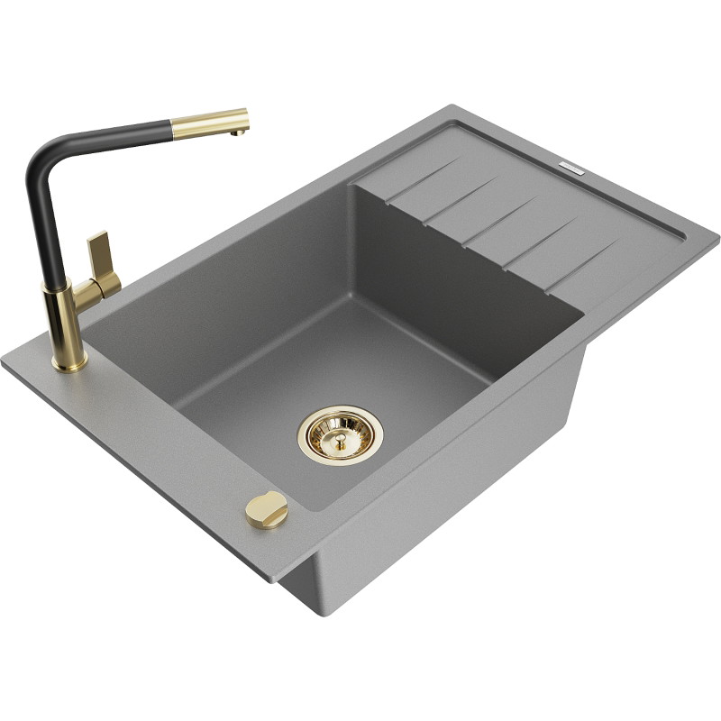 Mexen Elias Granitspüle 1-Becken mit Abtropffläche und Küchenarmatur Flora, grau - 6511-71-670401-57-G