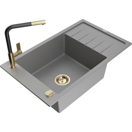 Mexen Elias Granitspüle 1-Becken mit Abtropffläche und Küchenarmatur Flora, grau - 6511-71-670401-57-G