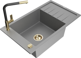 Mexen Elias Granitspüle 1-Becken mit Abtropffläche und Küchenarmatur Flora, grau - 6511-71-670401-57-G