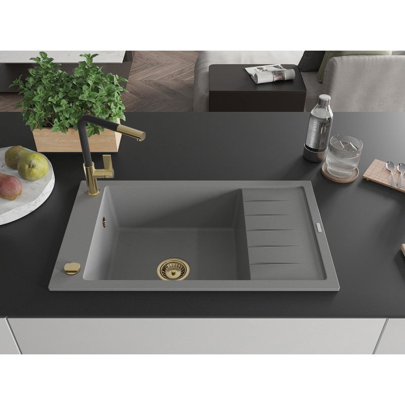 Mexen Elias Granitspüle 1-Becken mit Abtropffläche und Küchenarmatur Flora, grau - 6511-71-670401-57-G