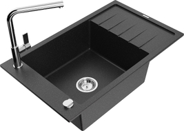 Mexen Elias Granitspüle 1-Becken mit Abtropffläche und Küchenarmatur Flora, schwarz/silber metallic - 6511-73-670401-00
