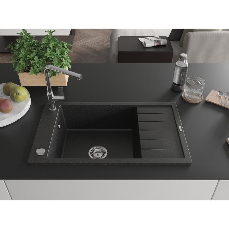Mexen Elias Granitspüle 1-beckig mit Abtropffläche und Küchenarmatur Flora, schwarz/silber metallic - 6511-73-670401-00