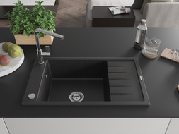 Mexen Elias Granitspüle 1-beckig mit Abtropffläche und Küchenarmatur Flora, schwarz/silber metallic - 6511-73-670401-00