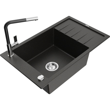 Mexen Elias Granitspüle 1-beckig mit Abtropffläche und Küchenarmatur Flora, schwarz/goldenes Metallic - 6511-75-670401-07