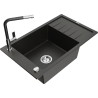 Mexen Elias Granitspüle 1-beckig mit Abtropffläche und Küchenarmatur Flora, schwarz/goldenes Metallic - 6511-75-670401-07