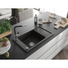 Mexen Elias Granitspüle mit 1 Becken, mit Ablage und Küchenarmatur Flora, schwarz/gold metallic - 6511-75-670401-07