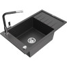 Mexen Elias Granitspüle 1-Becken mit Abtropffläche und Küchenarmatur Flora, schwarz gesprenkelt - 6511-76-670401-07