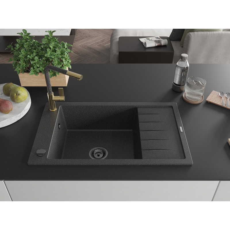 Mexen Elias Granitspüle 1-Becken mit Abtropffläche und Küchenarmatur Flora, schwarz gesprenkelt - 6511-76-670401-75-B