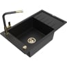 Mexen Elias Granitspüle 1-Becken mit Abtropffläche und Küchenarmatur Flora, schwarz - 6511-77-670401-57-G