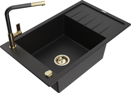Mexen Elias Granitspüle 1-Becken mit Abtropffläche und Küchenarmatur Flora, schwarz - 6511-77-670401-57-G