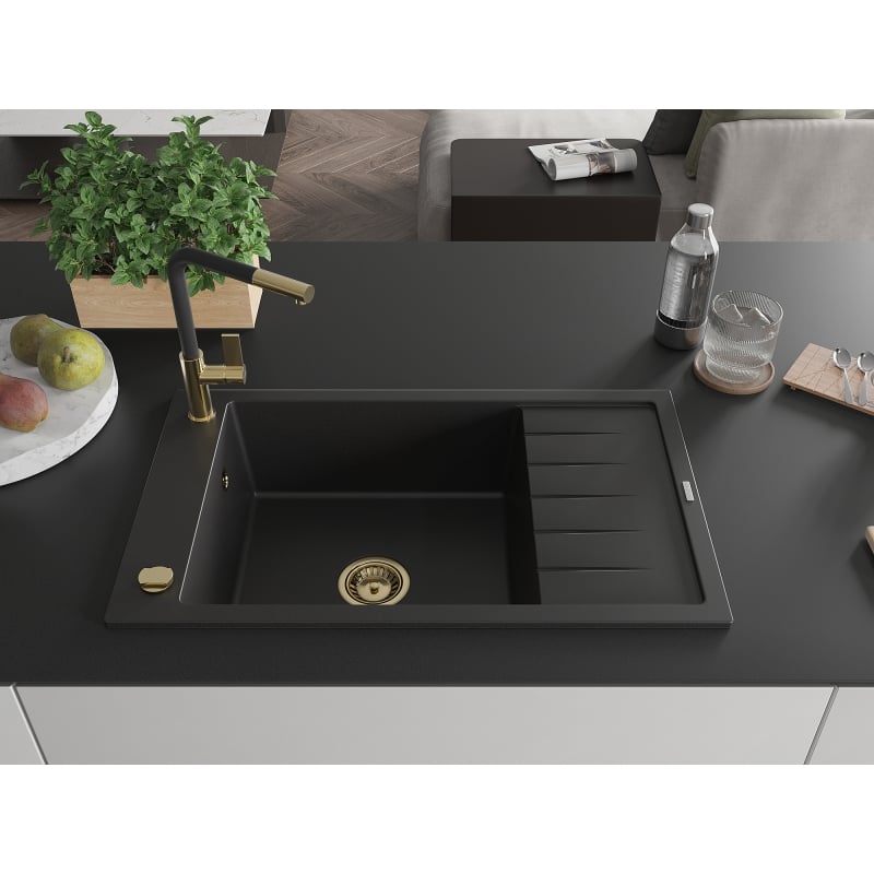 Mexen Elias Granitspüle 1-Becken mit Abtropffläche und Küchenarmatur Flora, schwarz - 6511-77-670401-57-G