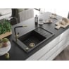 Mexen Elias Granitspüle 1-Becken mit Abtropffläche und Küchenarmatur Flora, schwarz - 6511-77-670401-57-G