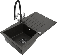 Mexen Cesar Granitspüle 1-beckig mit Abtropffläche und Küchenarmatur Duo, schwarz/gold metallic - 6514-75-671701-07-B