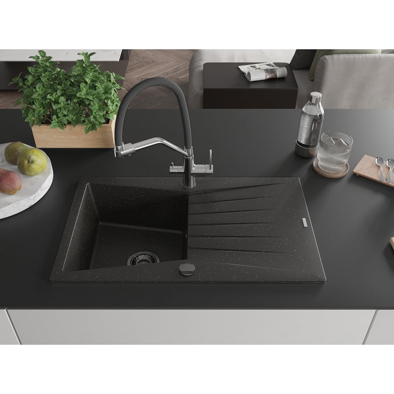 Mexen Cesar Granitspüle 1-beckig mit Abtropffläche und Küchenarmatur Duo, schwarz/gold metallic - 6514-75-671701-07-B
