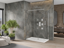 Mexen Omega Schiebeduschkabine 140 x 70 cm, transparent, Chrom + Duschtasse Flat - 825-140-070-01-00-4010