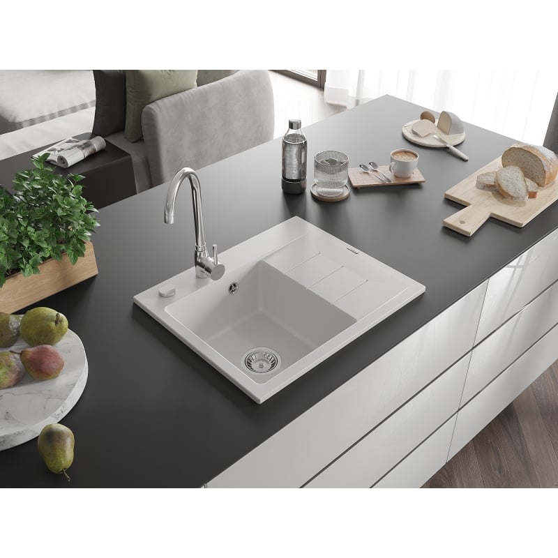 Mexen Ben granitspüle 1-becken mit abtropffläche, links 600 x 500 mm, weiß, siphon chrom - 6522605000-20
