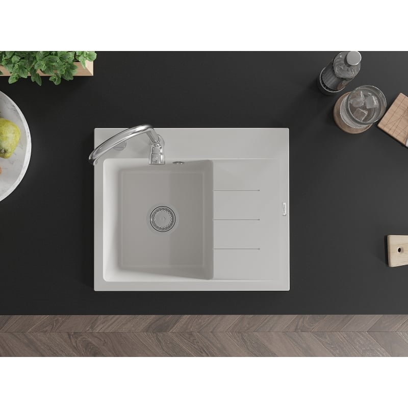 Mexen Ben granitspüle 1-becken mit abtropffläche, links 600 x 500 mm, weiß, siphon chrom - 6522605000-20