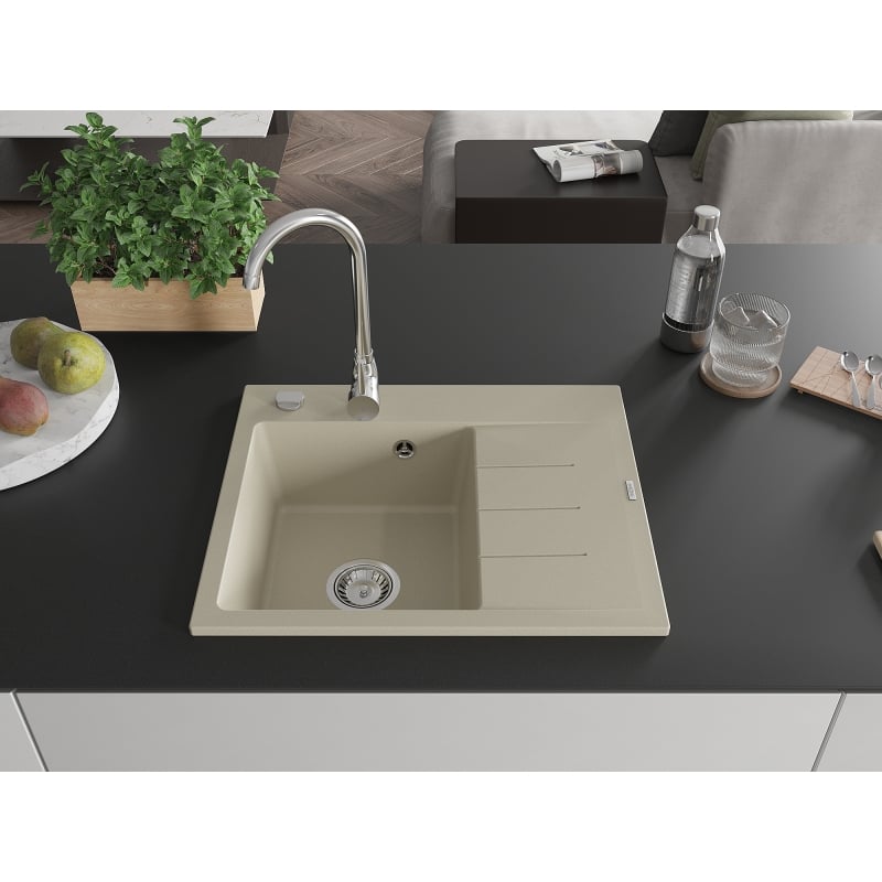 Mexen Ben Granitspüle 1-Becken mit Abtropffläche, links 600 x 500 mm, beige, Siphon chrom - 6522605000-69