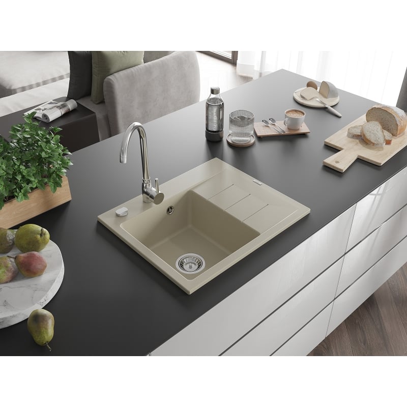 Mexen Ben Granitspüle 1-Becken mit Abtropffläche, links 600 x 500 mm, beige, Siphon chrom - 6522605000-69