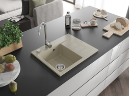 Mexen Ben Granitspüle 1-Becken mit Abtropffläche, links 600 x 500 mm, beige, Siphon chrom - 6522605000-69