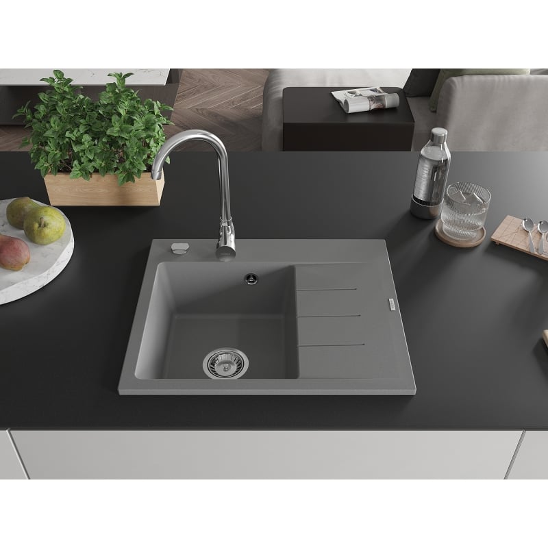 Mexen Ben Granitspüle 1-Becken mit Abtropffläche, links 600 x 500 mm, grau, Chrom-Siphon - 6522605000-71
