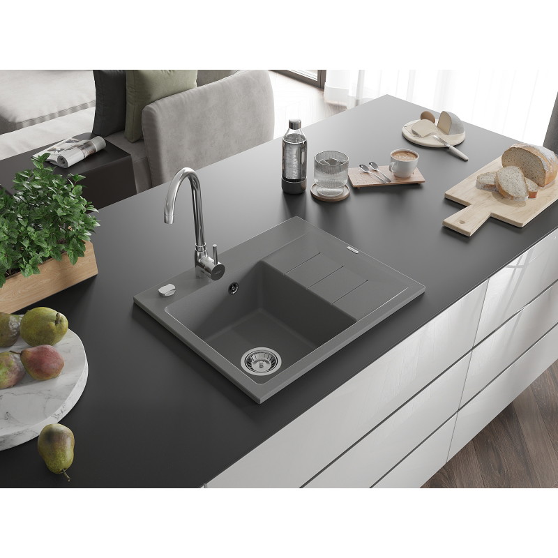 Mexen Ben Granitspüle 1-Becken mit Abtropffläche, links 600 x 500 mm, grau, Chrom-Siphon - 6522605000-71