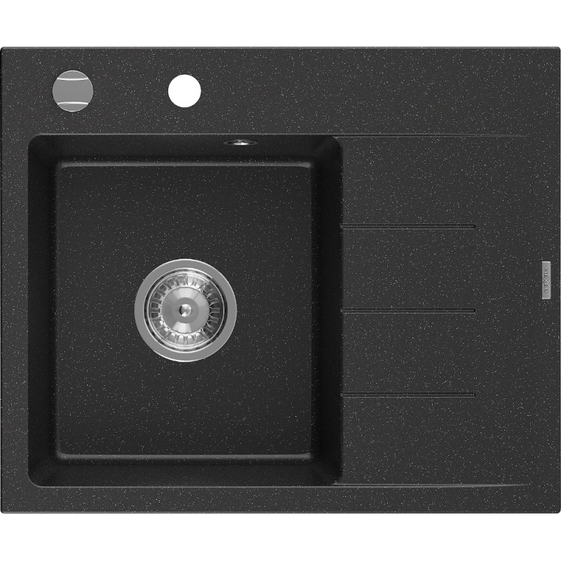 Mexen Ben Granitspüle 1-Becken mit Abtropffläche, links 600 x 500 mm, schwarz/silber metallic, Chromsiphon - 6522605000-73