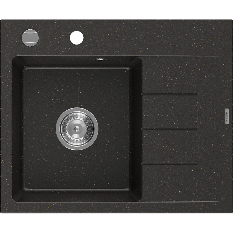 Mexen Ben Granitspüle 1-Becken mit Abtropffläche, links 600 x 500 mm, schwarz/gold metalic, Chrom-Siphon - 6522605000-75