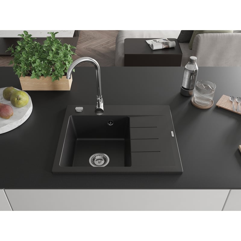 Mexen Ben Granitspüle mit einer Kammer und Abtropffläche, links 600 x 500 mm, schwarz, Siphon chrom - 6522605000-77