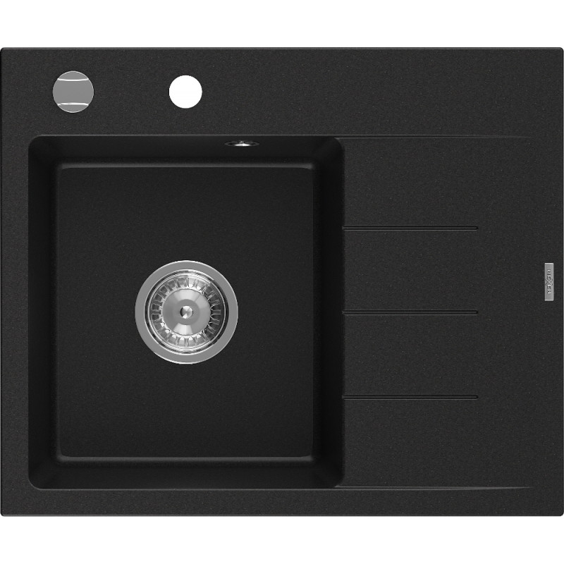 Mexen Ben Granitspüle mit einer Kammer und Abtropffläche, links 600 x 500 mm, schwarz, Siphon chrom - 6522605000-77