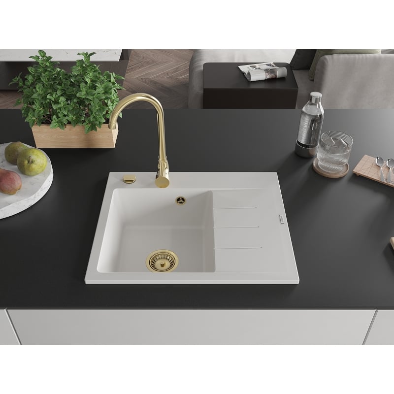 Mexen Ben Granitspüle 1-beckig mit Abtropffläche, links 600 x 500 mm, weiß, goldener Siphon - 6522605000-20-G