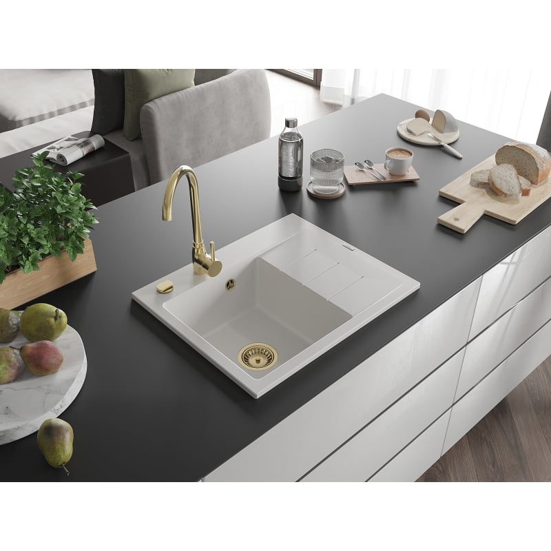 Mexen Ben Granitspüle 1-beckig mit Abtropffläche, links 600 x 500 mm, weiß, goldener Siphon - 6522605000-20-G