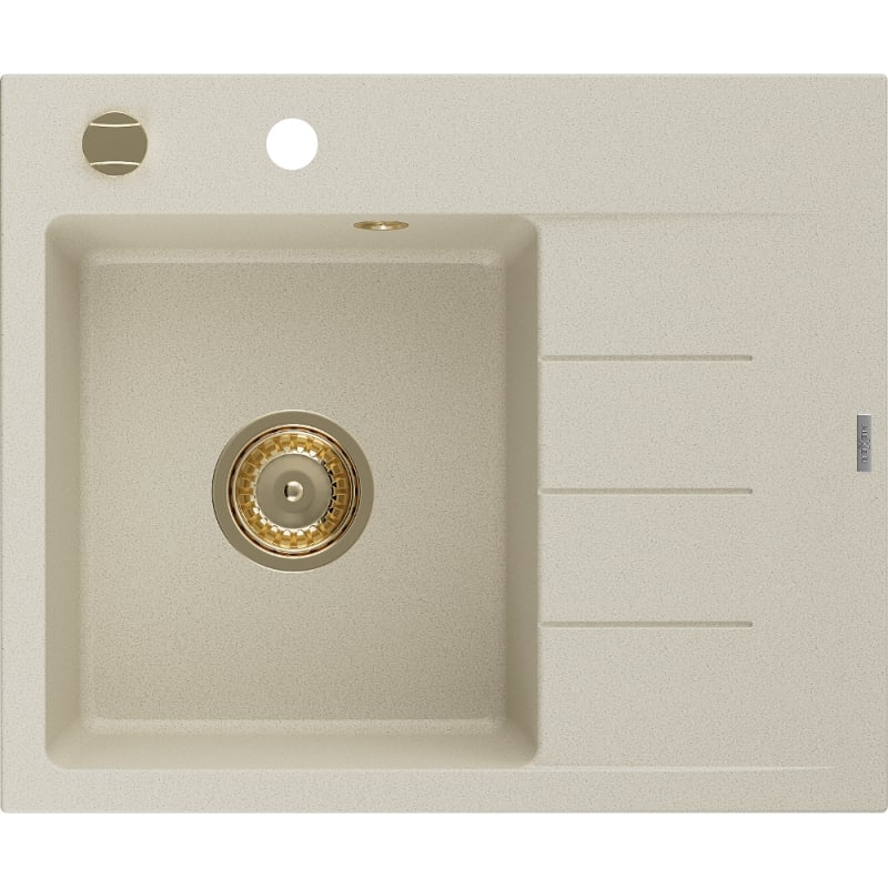 Mexen Ben Granitspüle 1-beckig mit Abtropffläche, links, 600 x 500 mm, beige, goldener Siphon - 6522605000-69-G