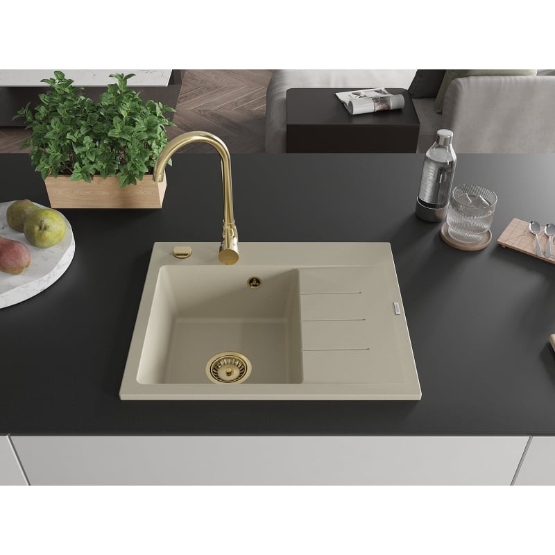 Mexen Ben Granitspüle 1-beckig mit Abtropffläche, links, 600 x 500 mm, beige, goldener Siphon - 6522605000-69-G