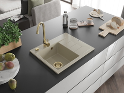 Mexen Ben Granitspüle 1-beckig mit Abtropffläche, links, 600 x 500 mm, beige, goldener Siphon - 6522605000-69-G