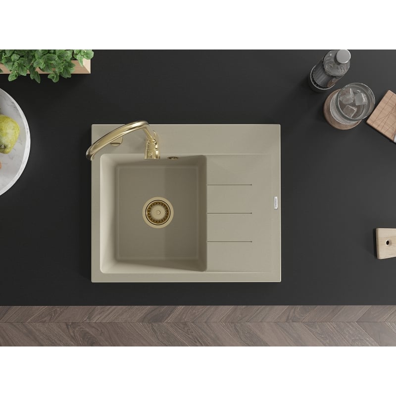 Mexen Ben Granitspüle 1-beckig mit Abtropffläche, links, 600 x 500 mm, beige, goldener Siphon - 6522605000-69-G