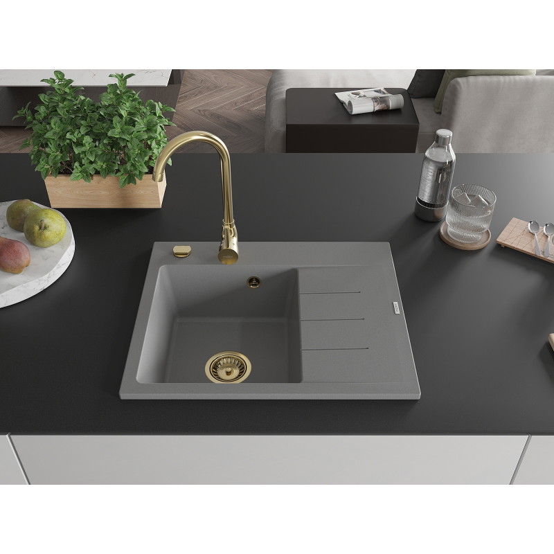 Mexen Ben Granitspüle 1-Becken mit Ablage, links 600 x 500 mm, grau, goldener Siphon - 6522605000-71-G
