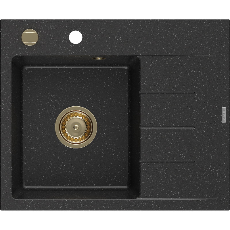 Mexen Ben Granitspüle 1-beckig mit Abtropffläche, links 600 x 500 mm, schwarz/silber metalleffekt, Siphon gold
