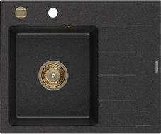 Mexen Ben Granitspüle 1-beckig mit Abtropffläche, links 600 x 500 mm, schwarz/silber metalleffekt, Siphon gold